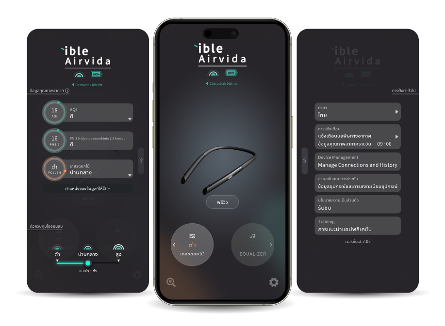 หน้าจอแอป Airvida Connect แสดงค่าคุณภาพอากาศและการปรับระดับไอออนลบของ ible Airvida L2