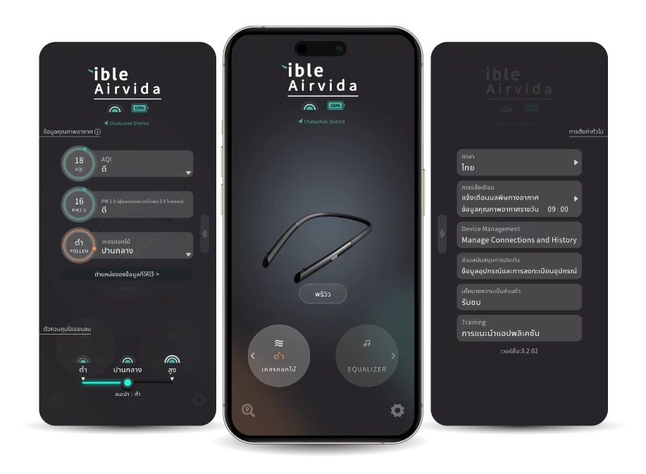 หน้าจอแอป Airvida Connect แสดงค่า AQI ค่า PM2.5 ระดับละอองเกสร และตัวควบคุมไอออนลบสามระดับ
